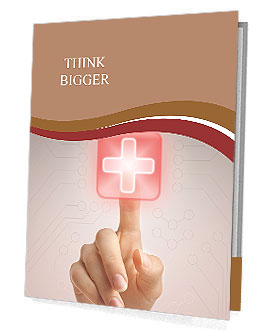 Hand pressing virtual button with first aid sign. Presentation Folder