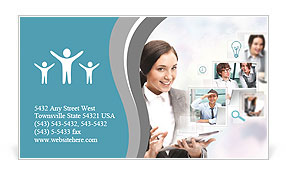 Portrait of businesswoman holding her tablet computer and communicating with her team across the wor Business Card Template