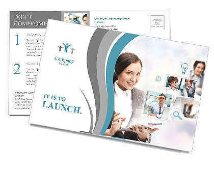 Portrait of businesswoman holding her tablet computer and communicating with her team across the wor Postcard Template