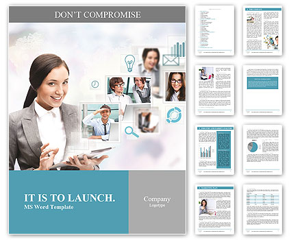 Portrait of businesswoman holding her tablet computer and communicating with her team across the wor Word Template