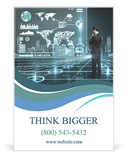 Businessman looking world map on interface screen Ad Template