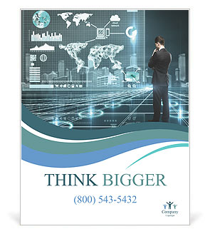 Businessman looking world map on interface screen Poster Template