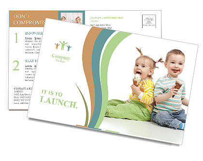 Happy children little girl and boy with ice cream in studio isolated Postcard Template