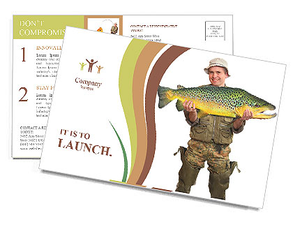 The fisherman with big fish (Brown Trout - Salmo Trutta). Success concept. Postcard Template