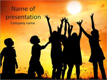Group of happy children catching sun with their arms PowerPoint Template