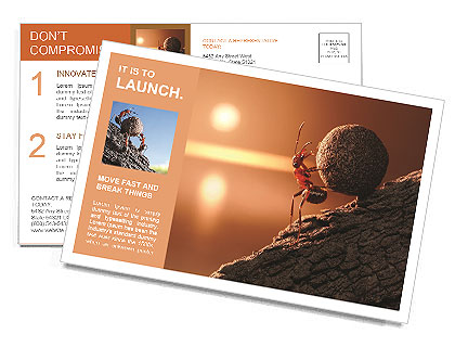 Ant Sisyphus rolls stone uphill on mountain, concept Postcard Template