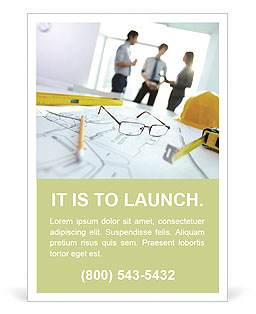 Image of engineering objects on workplace with three partners interacting on background Ad Template