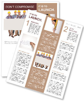 Group of construction workers presenting empty banner. Isolated on white Newsletter Template