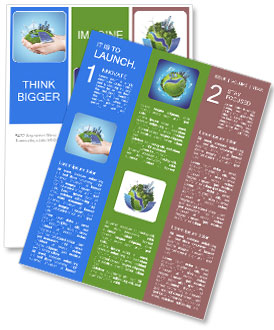 Hands holding clear green meadow with sun battery block, wind mill turbines and city skyscrapers. Co Newsletter Template