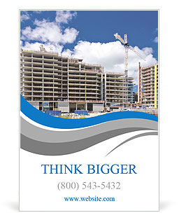 High-rise building under construction. The site with cranes against blue sky Ad Template