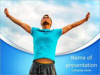 Young man staying with raised hands against blue sky PowerPoint Template