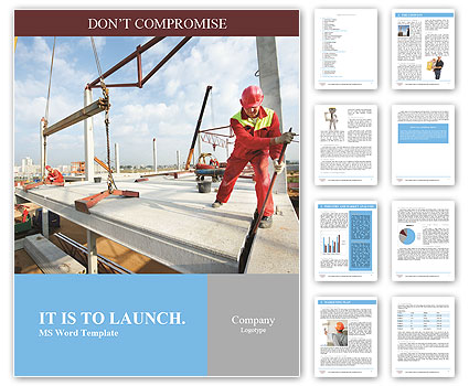 Builder worker in safety protective equipment installing concrete floor slab panel at building const Word Template