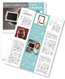 Happy child with tablet computer. Kid showing Newsletter Template