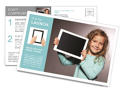Happy child with tablet computer. Kid showing Postcard Template