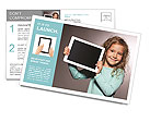 Happy child with tablet computer. Kid showing Postcard Template