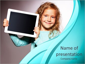 Happy child with tablet computer. Kid showing PowerPoint Template