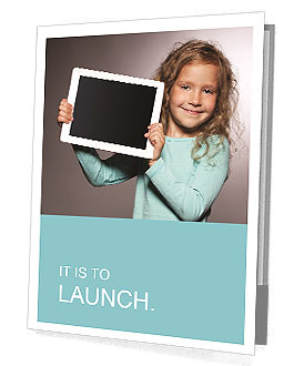 Happy child with tablet computer. Kid showing Presentation Folder