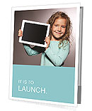 Happy child with tablet computer. Kid showing Presentation Folder