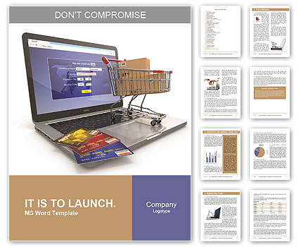 E-commerce. Shopping cart and credit cards on laptop. 3d Word Template