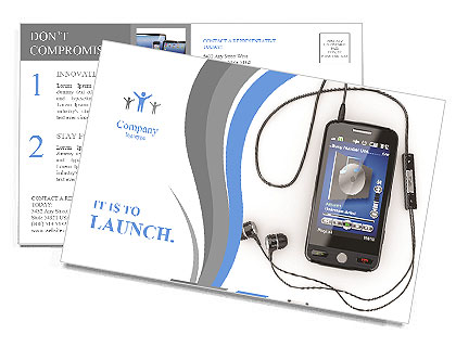 Mobile phone with headphones on white background. 3d Postcard Template