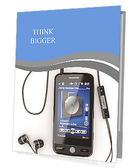 Mobile phone with headphones on white background. 3d Presentation Folder