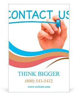 Hand writing Contact Us with blue marker on transparent wipe board. Ad Template