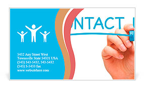 Hand writing Contact Us with blue marker on transparent wipe board. Business Card Template