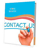 Hand writing Contact Us with blue marker on transparent wipe board. Presentation Folder