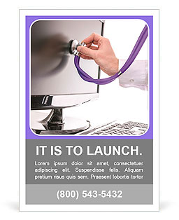 Serviceman testing a computer with stethoscope. Concept of computer service. Ad Template