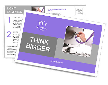 Serviceman testing a computer with stethoscope. Concept of computer service. Postcard Template