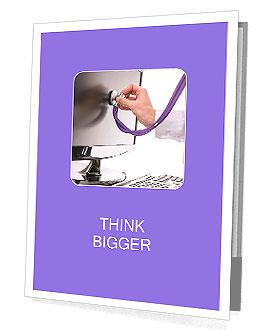 Serviceman testing a computer with stethoscope. Concept of computer service. Presentation Folder