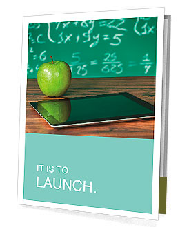 Digital tablet and apple on the desk in front of blackboard Presentation Folder