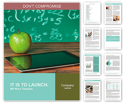 Digital tablet and apple on the desk in front of blackboard Word Template
