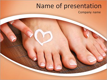 Beautiful woman legs with cream and hands on bamboo mat PowerPoint Template
