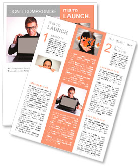 Business man sitting at office desk with laptop computer facing the camera and pointing his finger t Newsletter Template