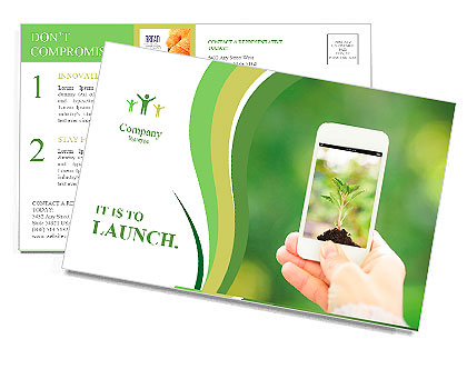 Woman hand holding smart phone against spring green background Postcard Template