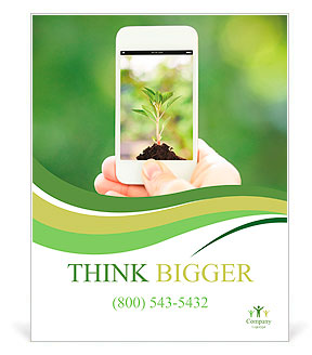 Woman hand holding smart phone against spring green background Poster Template
