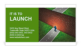 Business challenge and financial obstacles concept with a businessman standing in front of a large b Business Card Template