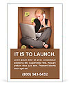 A young business woman is working on a laptop and talking on a phone in a box representing a small o Ad Template