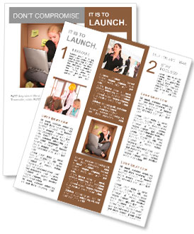 A young business woman is working on a laptop and talking on a phone in a box representing a small o Newsletter Template