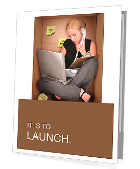 A young business woman is working on a laptop and talking on a phone in a box representing a small o Presentation Folder