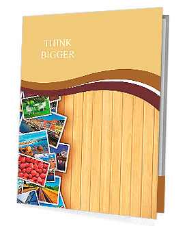 Creative photo gallery concept: collection of colorful photos on background made from wooden planks Presentation Folder