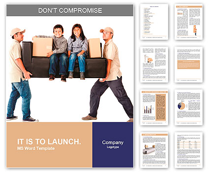 Delivery men carrying a heavy couch with kids - isolated over a white background Word Template