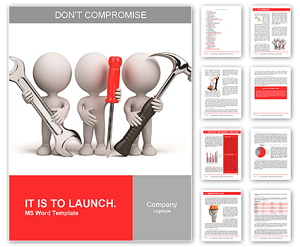 Three people with the tools in the hands of. 3d image. Isolated white background. Word Template