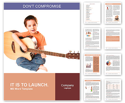 Beautiful singing little boy with acoustic guitar isolated on white background Word Template