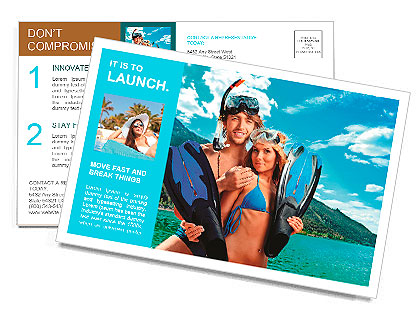 Happy young couple with snorkelling gear standing on a sea beach. Postcard Template