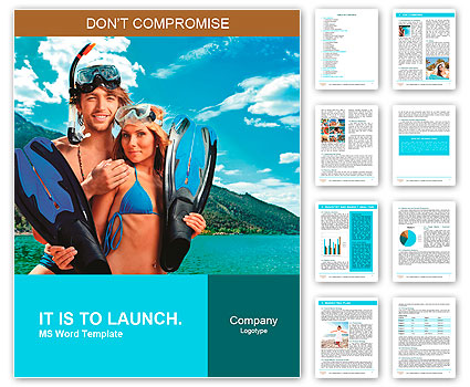 Happy young couple with snorkelling gear standing on a sea beach. Word Template