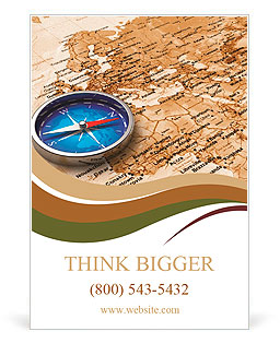 Macro view of blue metal compass on the old world map Ad Template