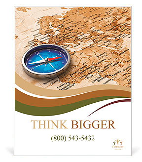 Macro view of blue metal compass on the old world map Poster Template