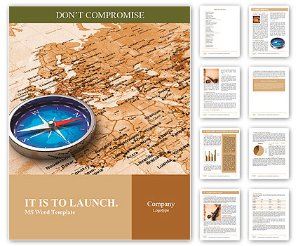 Macro view of blue metal compass on the old world map Word Template
